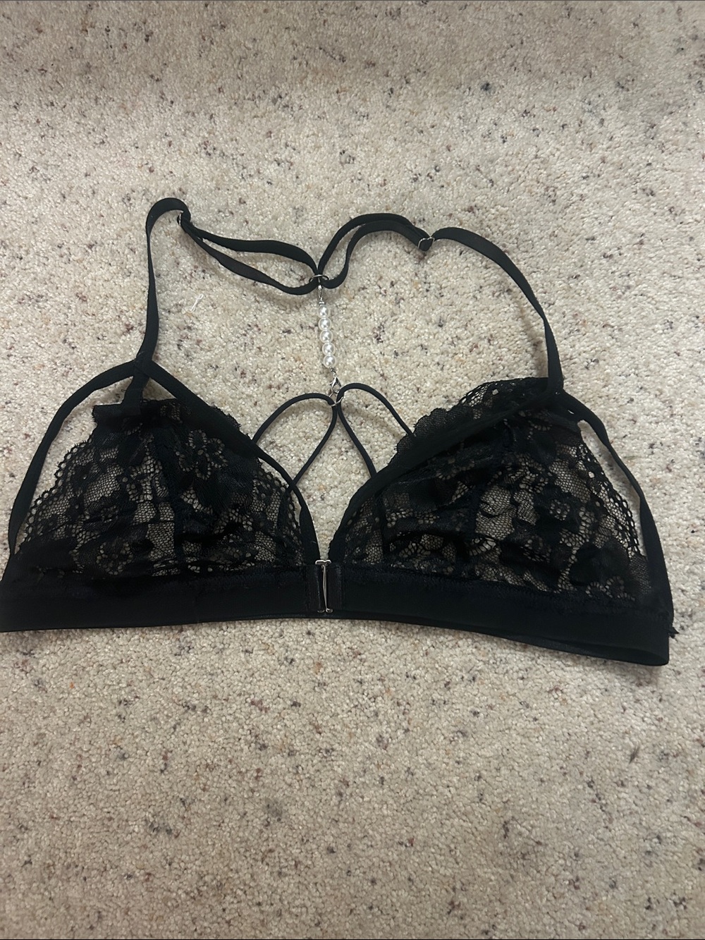 Black Lace Bralette with Back Pearl Detail